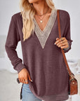 Gray Crochet Contrast V-Neck Long Sleeve Slit T-Shirt