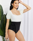 Light Gray Marina West Swim Salty Air Puff Sleeve One-Piece in Cream/Black