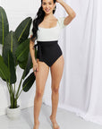 Light Gray Marina West Swim Salty Air Puff Sleeve One-Piece in Cream/Black