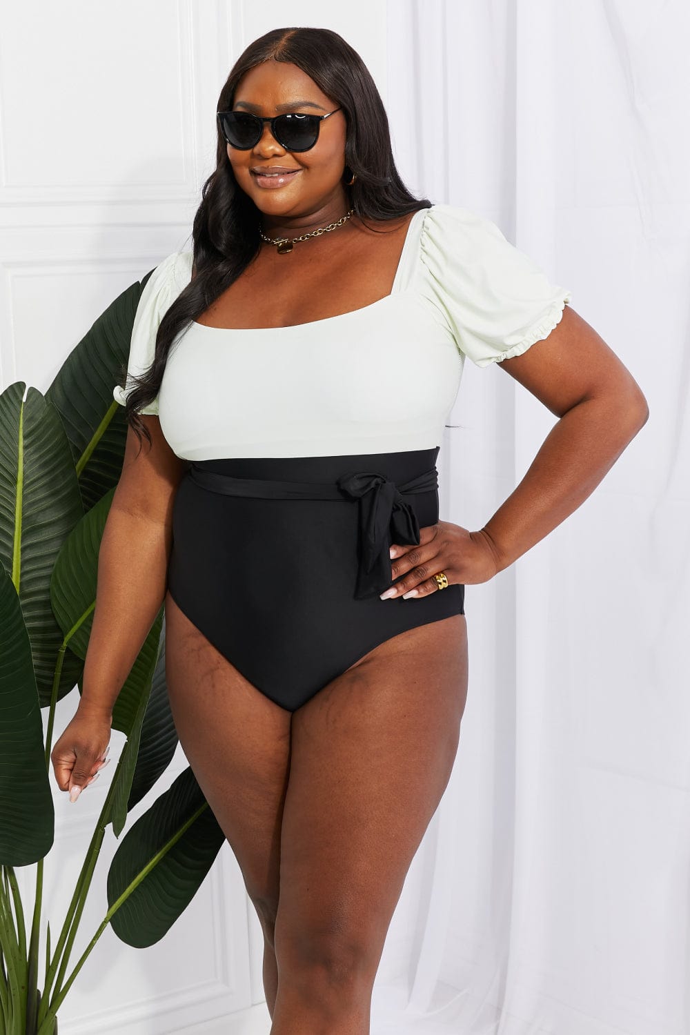 Dark Slate Gray Marina West Swim Salty Air Puff Sleeve One-Piece in Cream/Black