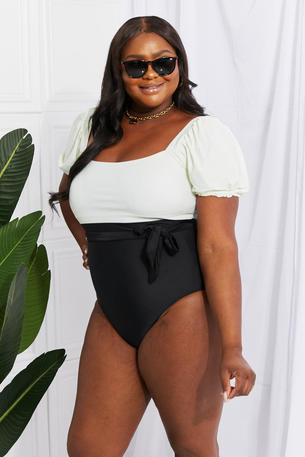 Dark Slate Gray Marina West Swim Salty Air Puff Sleeve One-Piece in Cream/Black