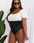 Dark Slate Gray Marina West Swim Salty Air Puff Sleeve One-Piece in Cream/Black