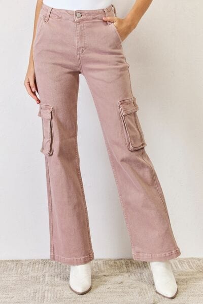 Light Gray RISEN Full Size High Rise Cargo Wide Leg Jeans