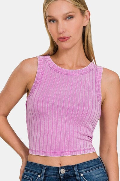 Rosy Brown Zenana Ribbed Round Neck Cropped Tank