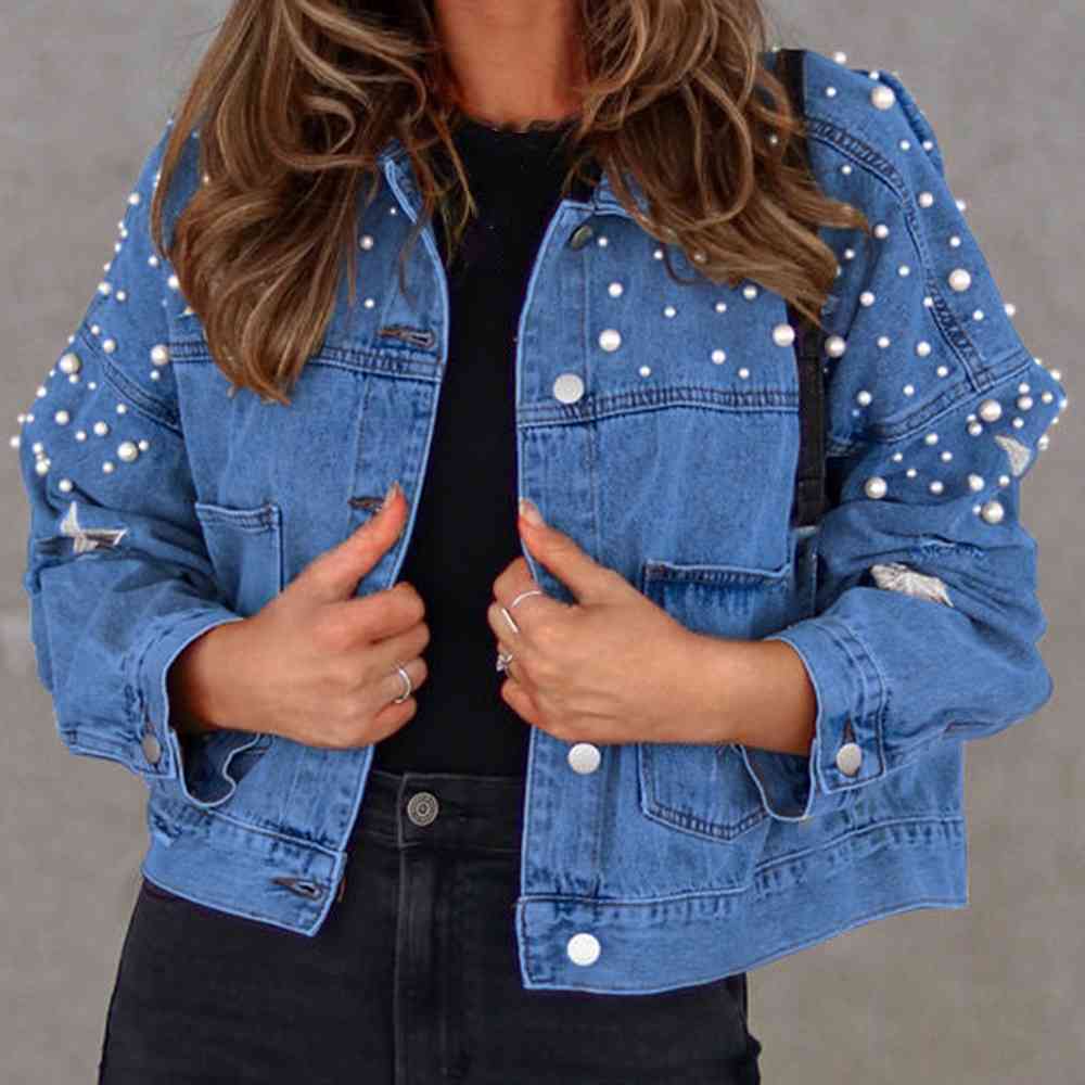 Slate Gray Bead Detail Denim Jacket