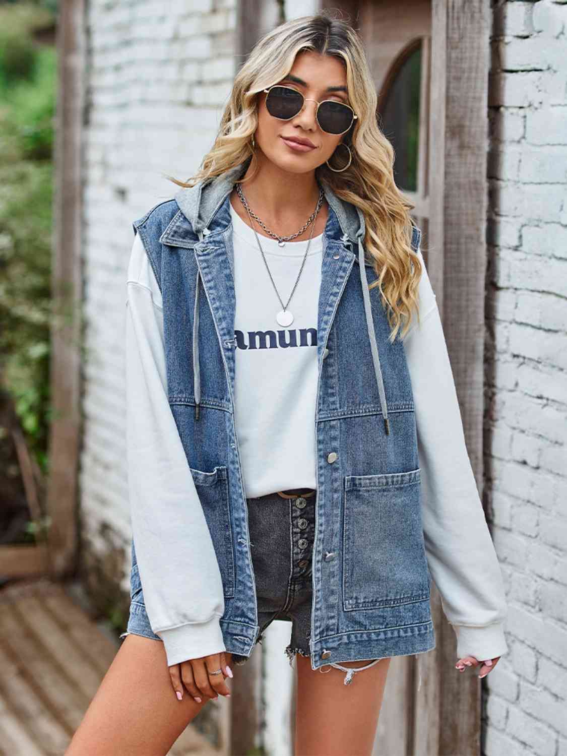 Gray Button Up Sleeveless Denim Jacket with Pockets