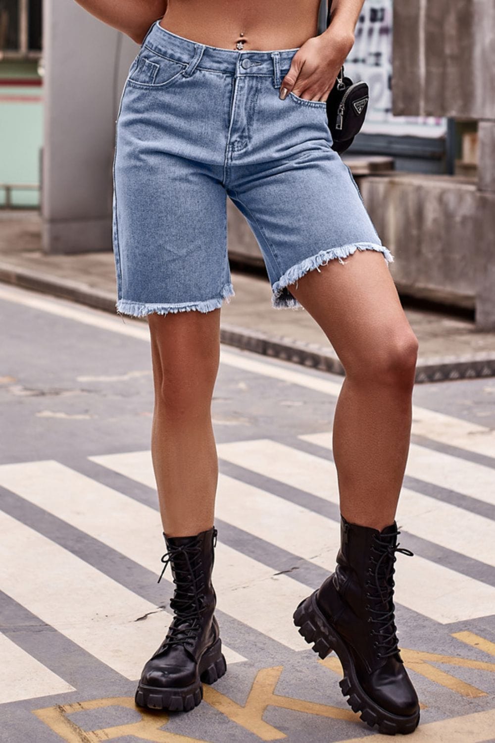 Rosy Brown Raw Hem Denim Shorts with Pockets