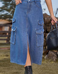 Dim Gray Slit Front Midi Denim Skirt with Pockets