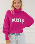 Light Gray Merry Letter Embroidered High Neck Sweater