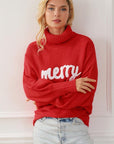 Light Gray Merry Letter Embroidered High Neck Sweater