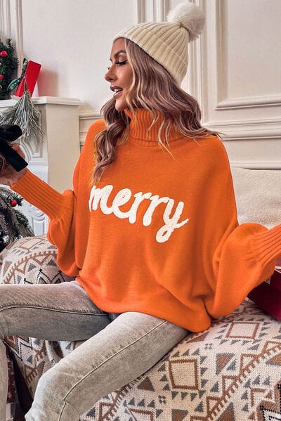 Gray Merry Letter Embroidered High Neck Sweater