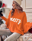 Gray Merry Letter Embroidered High Neck Sweater