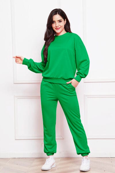 Sea Green Round Neck Long Sleeve Sweatshirt and Pants Set