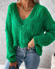 Gray V-Neck Cable-Knit Long Sleeve Sweater