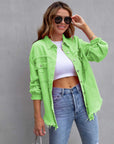 Dark Sea Green Distressed Drop Shoulder Denim Jacket