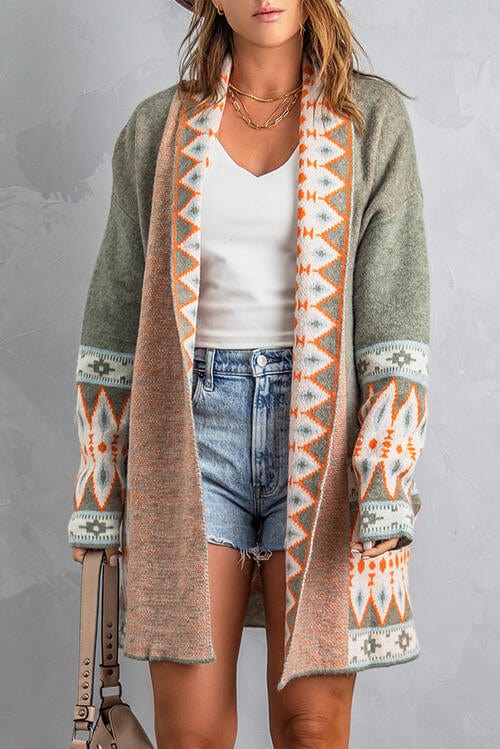 Rosy Brown Geometric Open Front Long Sleeve Cardigan