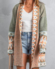 Rosy Brown Geometric Open Front Long Sleeve Cardigan