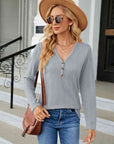 Dark Gray Cable-Knit Long Sleeve V-Neck T-Shirt