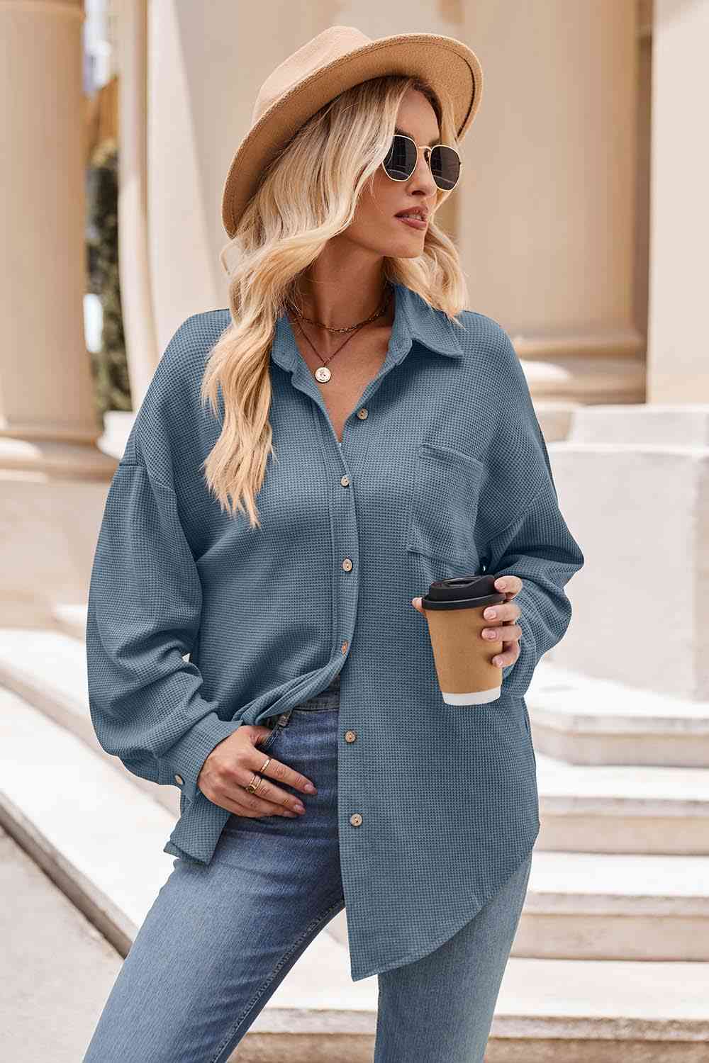 Dark Gray Collared Neck Dropped Shoulder Shirt