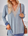 Gray Crochet Contrast V-Neck Long Sleeve Slit T-Shirt