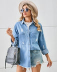 Light Gray Distressed Raw Hem Dropped Shoulder Denim Jacket