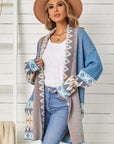 Light Gray Geometric Open Front Long Sleeve Cardigan