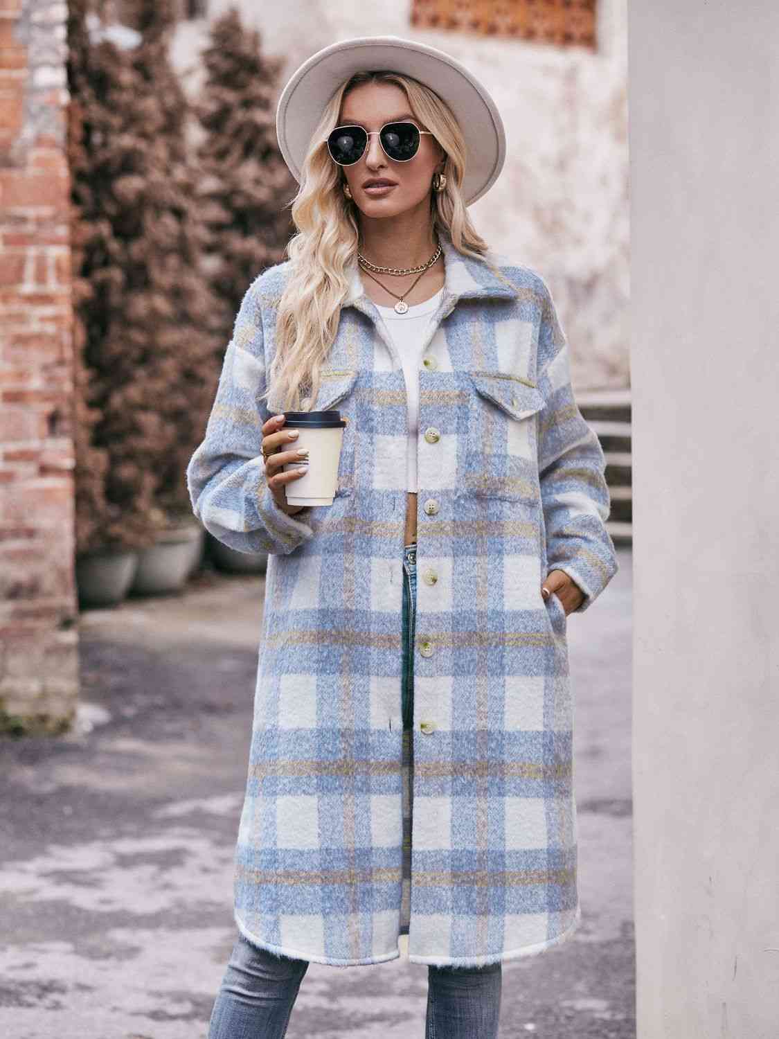 Gray Plaid Dropped Shoulder Slit Coat