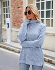 Dark Gray Ribbed Turtleneck Long Sleeve Slit Knit Top