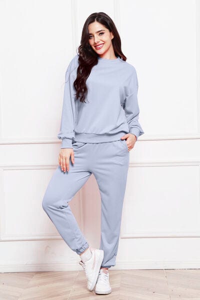 Lavender Round Neck Long Sleeve Sweatshirt and Pants Set