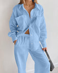 Light Steel Blue Texture Button Up Long Sleeve Shirt and Pants Set