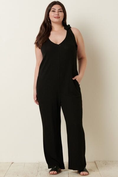 Black Mittoshop Rib Knit V-Neck Cross Back Jumpsuit