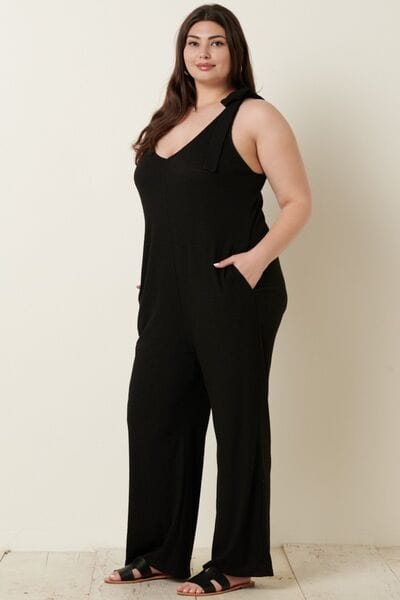 Black Mittoshop Rib Knit V-Neck Cross Back Jumpsuit