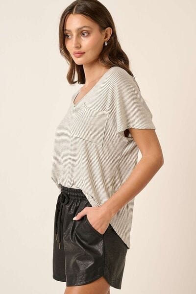 Light Gray Mittoshop Striped V-Neck Short Sleeve T-Shirt