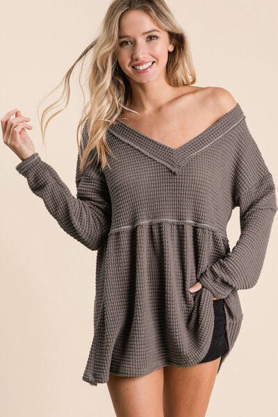 Dark Slate Gray BiBi Waffle Knit V-Neck Babydoll Blouse