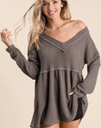 Dark Slate Gray BiBi Waffle Knit V-Neck Babydoll Blouse