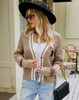 Rosy Brown Contrast Button Up Dropped Shoulder Cardigan