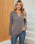 Rosy Brown Notched Neck Long Sleeve T-Shirt