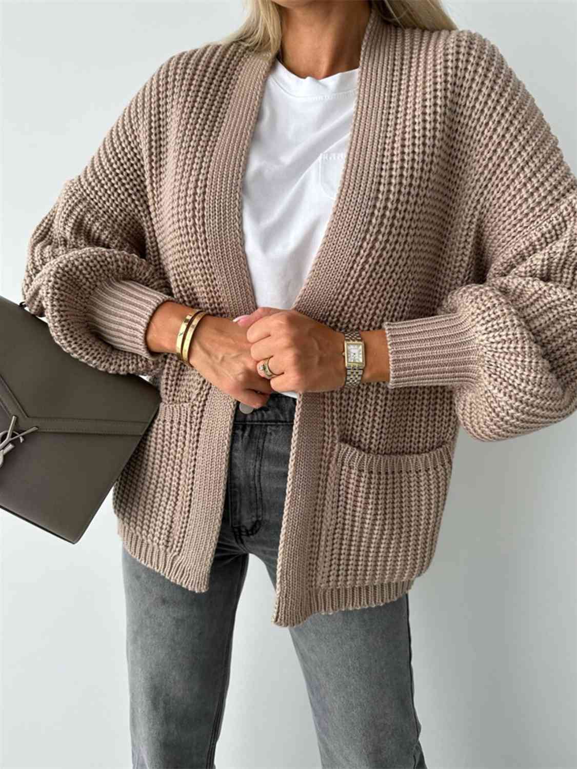 Gray Open Front Dropped Shoulder Cardigan