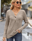 Rosy Brown Ribbed Half Button Long Sleeve Knit Top