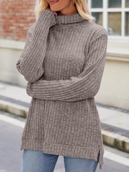 Light Slate Gray Ribbed Turtleneck Long Sleeve Slit Knit Top