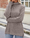 Light Slate Gray Ribbed Turtleneck Long Sleeve Slit Knit Top