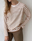 Gray Round Neck Striped Dropped Shoulder T-Shirt