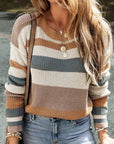 Dim Gray Striped Round Neck Dropped Shoulder Sweater