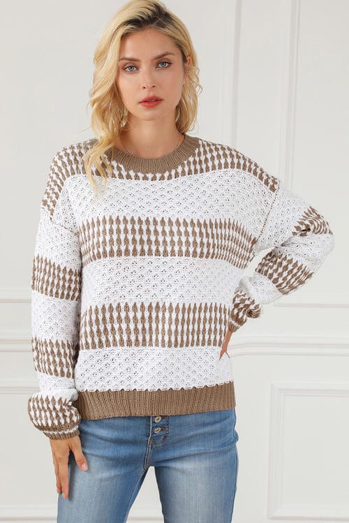 Light Gray Striped Round Neck Long Sleeve Knit Top