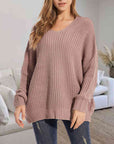 Rosy Brown V-Neck Batwing Dropped Shoulder Sweater