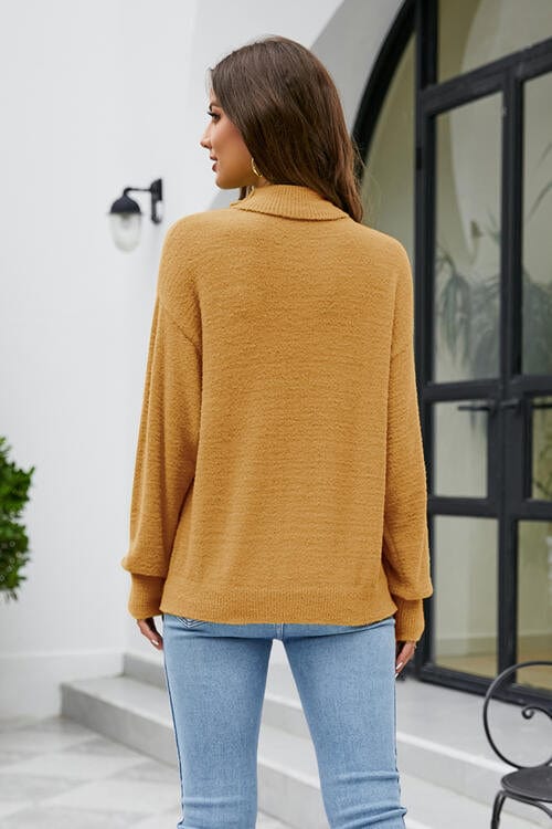 Gray Mock Neck Dropped Shoulder Long Sleeve Sweater