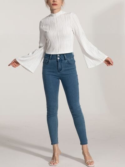 Light Gray Mock Neck Flare Sleeve Blouse