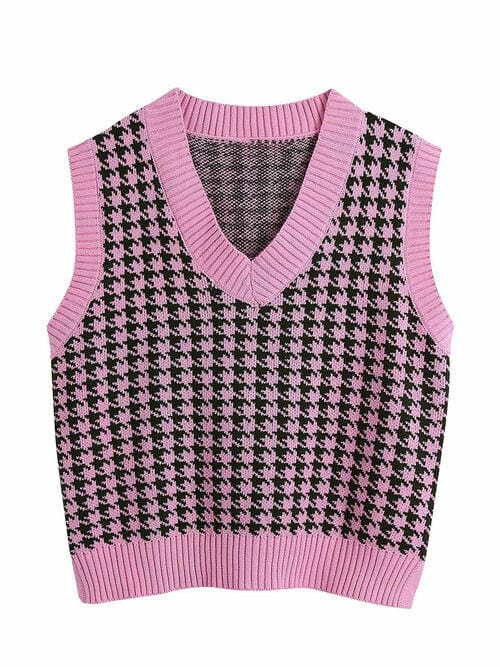 Rosy Brown Houndstooth V-Neck Sweater Vet