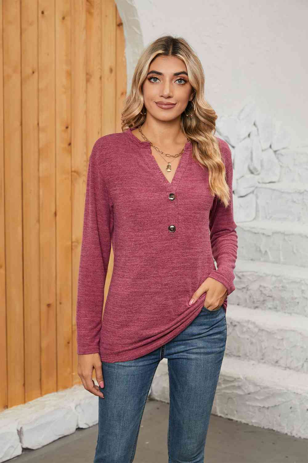 Rosy Brown Notched Neck Long Sleeve T-Shirt