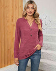 Rosy Brown Notched Neck Long Sleeve T-Shirt